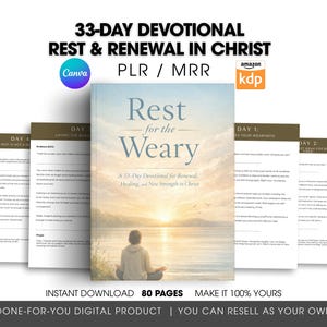 Peut inclure: Un livre intitulé "Rest for the Weary" avec une couverture de paysage serein, accompagné de plusieurs pages de texte. L'image comprend le texte "33-Day Devotional Rest & Renewal in Christ" et "Instant Download 80 Pages".