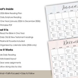 May include: A printable 2026 Bible reading plan calendar. The calendar includes daily scripture readings, organized by date, and covers the entire year from January to December. The design is minimal and faith-focused.