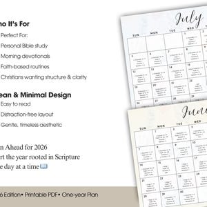 May include: A printable PDF calendar for 2026, featuring a clean and minimal design. The calendar includes the months of June and July, with each day's date and corresponding scripture references. The text includes "Who It's For", "Clean & Minimal Design", and "Plan Ahead for 2026".