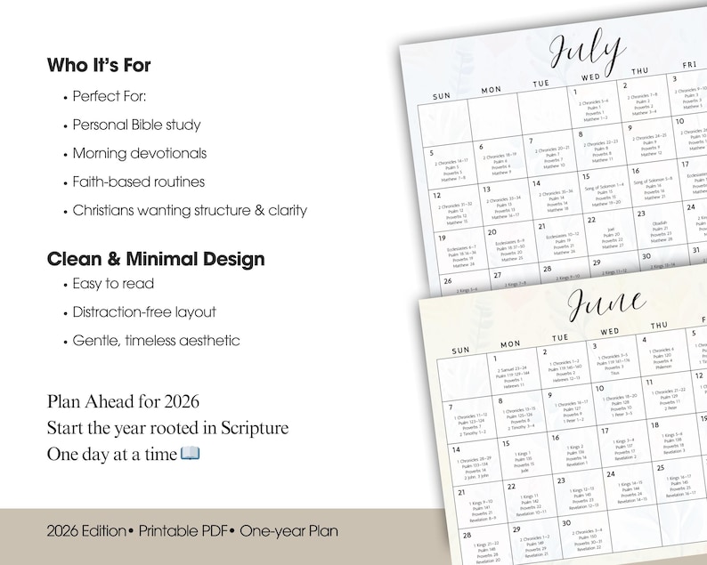 May include: A printable PDF calendar for 2026, featuring a clean and minimal design. The calendar includes the months of June and July, with each day's date and corresponding scripture references. The text includes "Who It's For", "Clean & Minimal Design", and "Plan Ahead for 2026".
