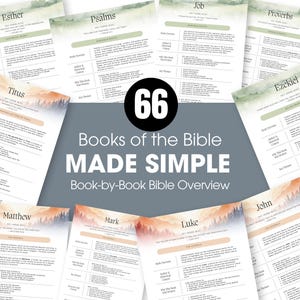 Op de afbeelding: Een verzameling informatieve pagina's met de titels van bijbelboeken, zoals Esther, Psalmen en Spreuken. De pagina's hebben een aquarelontwerp en bevatten de tekst "Books of the Bible MADE SIMPLE Book-by-Book Bible Overview."