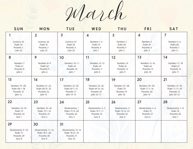 May include: A calendar page for March with a cream background and floral accents. The days of the week are across the top, with dates and Bible verses listed in each box. The word "March" is written in cursive.