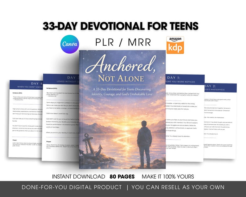 Pode incluir: Capa de um produto digital para um devocional de 33 dias para adolescentes, intitulado "Anchored, Not Alone". A capa apresenta uma paisagem serena com uma pessoa em p&eacute; na margem, uma &acirc;ncora e o texto "Download instant&acirc;neo 80 p&aacute;ginas."