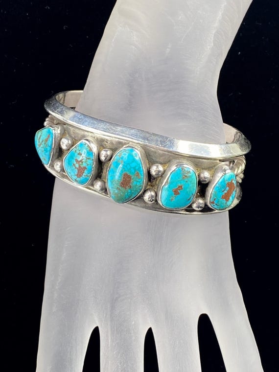Bracelet - Navajo Bisbee Turquoise & Silver Stamping by