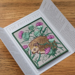 Peut inclure: Un patch brodé beige avec un hérisson enroulé parmi des chardons violets et verts. Le texte "THE PROTECTED" est en haut du patch. Le texte "STORY" est sur le côté droit du patch. Le texte "THISTLE" est en bas du patch.