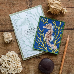 May include: A blue embroidered patch featuring a yellow seahorse on a blue background with yellow seaweed. The patch has a green border and the text "WILDLORE EMBROIDERED GALLERY PATCH" with the words "With the Science & Story Behind It" in smaller text.