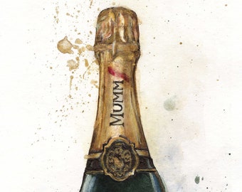 Champagner-Pop-Art, GH Mumm – Kunstdruck einer Aquarell-Champagnerflasche