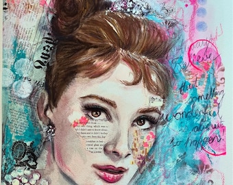 Audrey Hepburn Mixed Media Painting, Breakfast at Tiffany's Pop Art, 51x36cm, Original