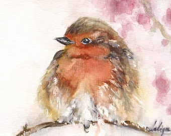 Rotkehlchen - A5 Kunstdruck; Aquarell Rotkehlchen rote Brust, lockere Malerei, rosa Blüten, Frühling, Gartenvögel, europäische Vögel
