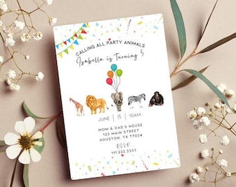 Editable Party Animals Invitation, Party Animals Birthday Invitation, Kids Birthday Invite, Printable Birthday Invitation, Instant Download