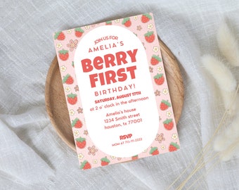 Berry First Birthday Invitation, Strawberry Birthday Invitation, Strawberry Party Invite, 1st Birthday Girl, Berry Sweet First Birthday Pink