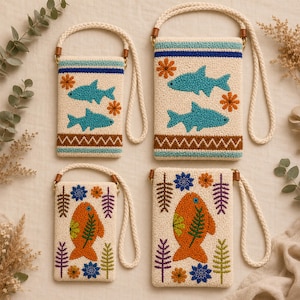 May include: Four rectangular punch needle bags with cream-colored fabric and braided rope handles. Two bags feature blue fish and orange flowers, while the other two display a large orange fish surrounded by small blue and purple floral motifs.
