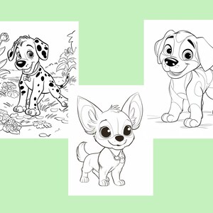 Puede incluir: Una p&aacute;gina para colorear en blanco y negro con tres razas de perros diferentes. El primer perro es un cachorro d&aacute;lmata de pie en un campo de flores. El segundo perro es un cachorro chihuahua de pie solo. El tercer perro es un cachorro d&aacute;lmata de pie a cuatro patas.