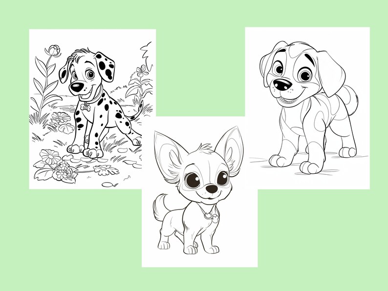 Puede incluir: Una p&aacute;gina para colorear en blanco y negro con tres razas de perros diferentes. El primer perro es un cachorro d&aacute;lmata de pie en un campo de flores. El segundo perro es un cachorro chihuahua de pie solo. El tercer perro es un cachorro d&aacute;lmata de pie a cuatro patas.