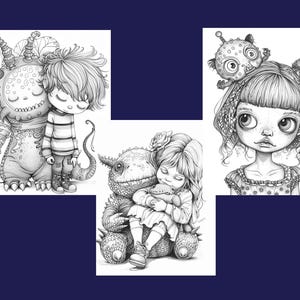 May include: Three black and white illustrations of children with fantastical creatures. The first illustration shows a boy with a striped shirt standing next to a large, friendly monster. The second illustration shows a girl hugging a large, friendly dinosaur. The third illustration shows a girl with a large, friendly creature on her head.