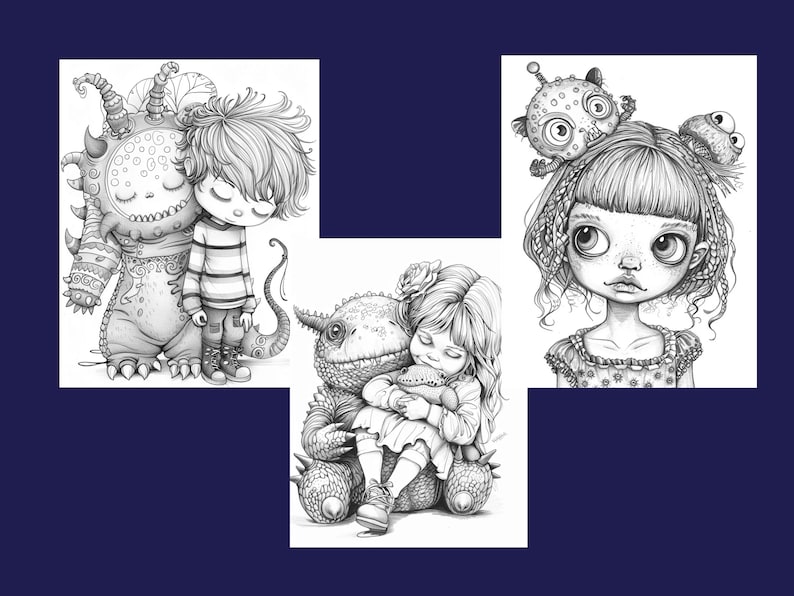 May include: Three black and white illustrations of children with fantastical creatures. The first illustration shows a boy with a striped shirt standing next to a large, friendly monster. The second illustration shows a girl hugging a large, friendly dinosaur. The third illustration shows a girl with a large, friendly creature on her head.