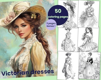50 pages à colorier de robes victoriennes, livre de coloriage de mode victorienne pour adultes et enfants, feuilles de coloriage imprimables