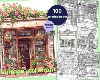 100 vintage shop window coloring pages, retro shop window coloring book for kids and adults, printable coloring sheets