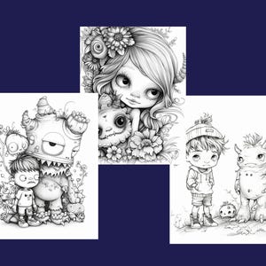May include: Three black and white illustrations of fantastical creatures. The first illustration shows a monster with a large mouth and a small human-like figure standing next to it. The second illustration shows a girl with large eyes and a small creature with large ears. The third illustration shows a boy with a beanie and a small creature with horns.