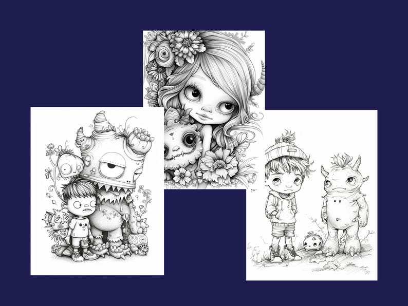 May include: Three black and white illustrations of fantastical creatures. The first illustration shows a monster with a large mouth and a small human-like figure standing next to it. The second illustration shows a girl with large eyes and a small creature with large ears. The third illustration shows a boy with a beanie and a small creature with horns.