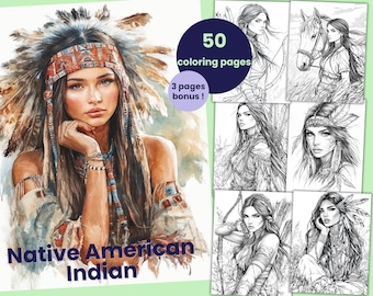 50 pages à colorier de femme amérindienne, livre de coloriage pour adultes et enfants, feuilles de coloriage téléchargeables et imprimables