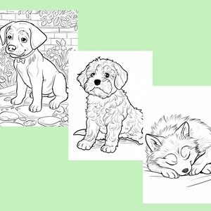 Puede incluir: Un dibujo en blanco y negro de tres perros. El primer perro es un labrador retriever sentado en una roca con flores y hojas alrededor. El segundo perro es un perro esponjoso sentado con las patas cruzadas. El tercer perro es un lobo acurrucado durmiendo.
