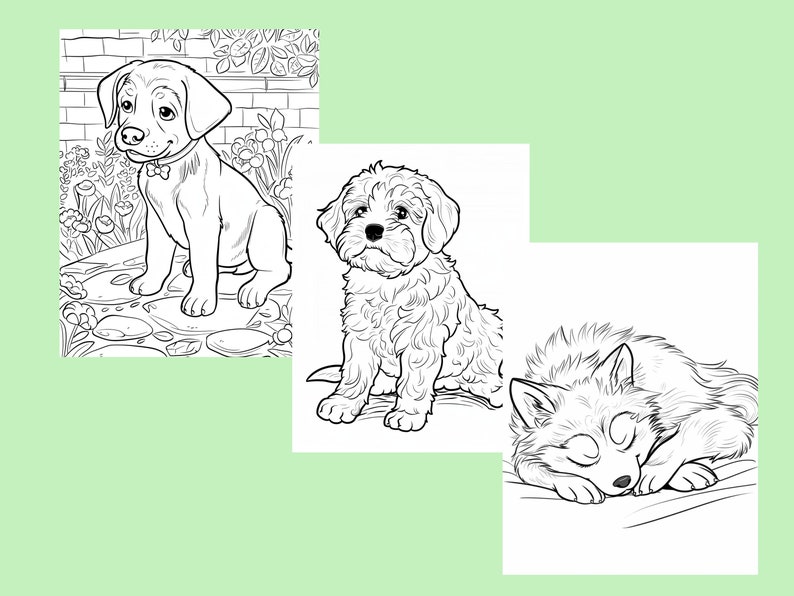 Puede incluir: Un dibujo en blanco y negro de tres perros. El primer perro es un labrador retriever sentado en una roca con flores y hojas alrededor. El segundo perro es un perro esponjoso sentado con las patas cruzadas. El tercer perro es un lobo acurrucado durmiendo.