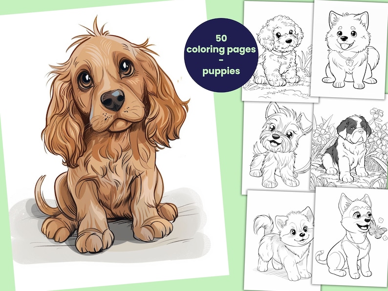Puede incluir: Un libro para colorear con 50 p&aacute;ginas con adorables cachorros. La portada muestra un lindo cachorro marr&oacute;n y blanco con ojos grandes y orejas ca&iacute;das. El t&iacute;tulo del libro es "50 p&aacute;ginas para colorear - cachorros".