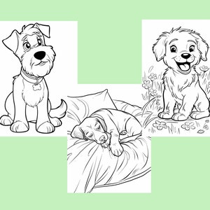 Puede incluir: Ilustraciones en blanco y negro de tres perros. Un perro est&aacute; sentado, otro est&aacute; acostado y el tercero est&aacute; sentado en un campo de flores.