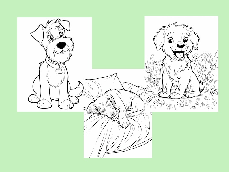 Puede incluir: Ilustraciones en blanco y negro de tres perros. Un perro est&aacute; sentado, otro est&aacute; acostado y el tercero est&aacute; sentado en un campo de flores.