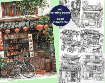 100 coloring pages of vintage Asian shop window, traditional Asian shop front, Japanese shop, Chinese shop
