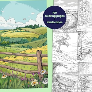 100 pages de coloriages de paysages, livre de coloriage de nature pour enfants et adultes, activité relaxante, PDF digital en téléchargement