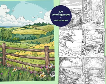 100 pages de coloriages de paysages, livre de coloriage de nature pour enfants et adultes, activité relaxante, PDF digital en téléchargement
