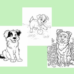 Puede incluir: Tres dibujos en blanco y negro de perros. El primer perro est&aacute; sentado con la lengua fuera. El segundo perro est&aacute; jugando con una pelota. El tercer perro est&aacute; sentado en un campo de flores.