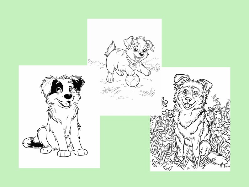 Puede incluir: Tres dibujos en blanco y negro de perros. El primer perro est&aacute; sentado con la lengua fuera. El segundo perro est&aacute; jugando con una pelota. El tercer perro est&aacute; sentado en un campo de flores.