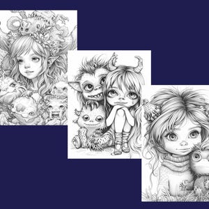 May include: Three black and white illustrations of fantasy creatures. The first image shows a girl with large eyes and horns, surrounded by smaller creatures. The second image shows a girl with large eyes and horns, sitting next to a large creature with horns. The third image shows a girl with large eyes and horns, sitting next to a small creature with horns.