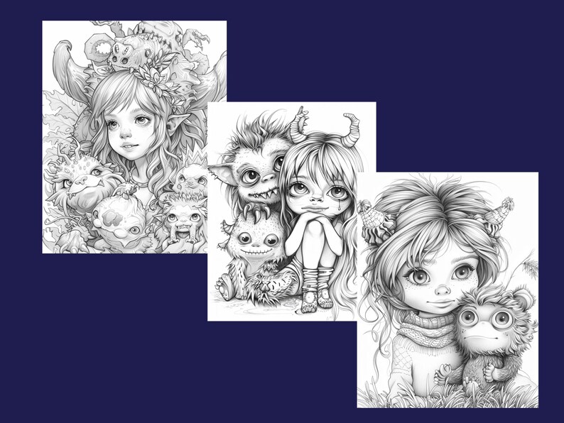 May include: Three black and white illustrations of fantasy creatures. The first image shows a girl with large eyes and horns, surrounded by smaller creatures. The second image shows a girl with large eyes and horns, sitting next to a large creature with horns. The third image shows a girl with large eyes and horns, sitting next to a small creature with horns.
