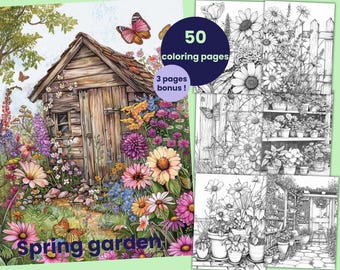May include: A coloring book with 50 pages and 3 bonus pages featuring a spring garden scene with a small wooden shed, flowers, and a butterfly. The text "Spring Garden" is at the bottom of the image.