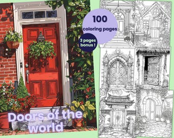 May include: A coloring book cover featuring a red door with a wreath and the text "Doors of the World". The cover also includes a preview of 100 coloring pages of different doors.