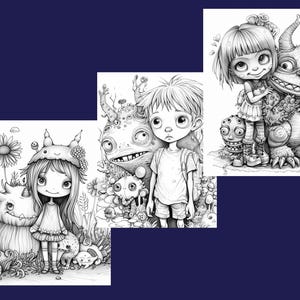 May include: Three black and white illustrations of children with friendly monsters. The first image shows a girl with long hair wearing a hat with a monster by her side. The second image shows a boy with short hair standing next to a monster. The third image shows a girl with short hair hugging a monster.