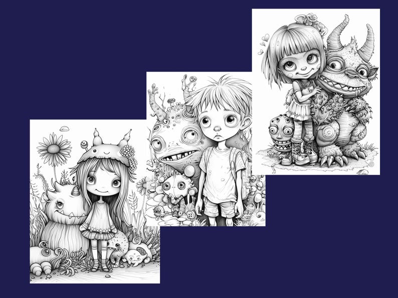 May include: Three black and white illustrations of children with friendly monsters. The first image shows a girl with long hair wearing a hat with a monster by her side. The second image shows a boy with short hair standing next to a monster. The third image shows a girl with short hair hugging a monster.