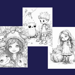 May include: Three black and white illustrations featuring children and fantastical creatures. The first illustration shows a girl with a hat and a group of small creatures. The second illustration shows a boy with a backpack and a furry creature. The third illustration shows a girl with long hair and a creature with horns.