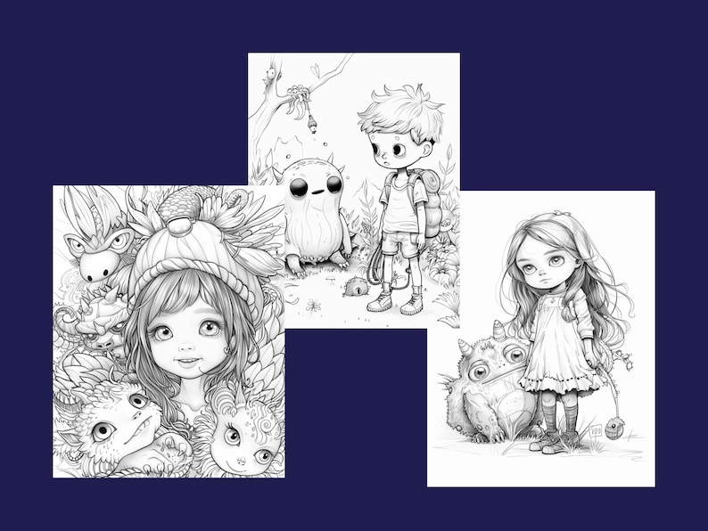 May include: Three black and white illustrations featuring children and fantastical creatures. The first illustration shows a girl with a hat and a group of small creatures. The second illustration shows a boy with a backpack and a furry creature. The third illustration shows a girl with long hair and a creature with horns.