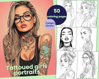 50 Dibujos para colorear de retratos de chicas tatuadas, Libro para colorear de tatuajes para adultos, Hojas para colorear imprimibles