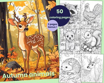 50 Fall Animal Coloring Pages, Autumn Coloring Book for Adults and Kids, Printable Coloring Sheets