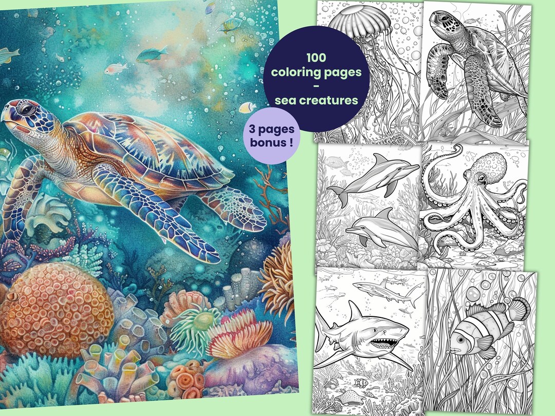 100 Sea Creatures Coloring Pages, Coloring Book for Adults and Kids ...