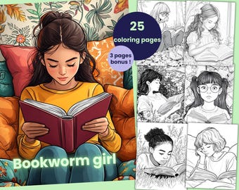 25 pages de coloriage de Bookworm Girl, livre de coloriage de filles pour adultes et enfants, feuilles de coloriage téléchargeables