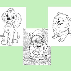 Puede incluir: Una p&aacute;gina para colorear en blanco y negro con tres razas de perros diferentes. El primer perro es un perro peque&ntilde;o y esponjoso con orejas grandes y una expresi&oacute;n feliz. El segundo perro es un Bulldog Franc&eacute;s con una expresi&oacute;n seria. El tercer perro es un Pomerania con una cola esponjosa y una expresi&oacute;n feliz.