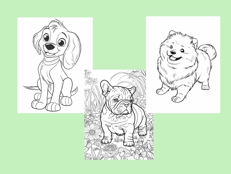 Puede incluir: Una p&aacute;gina para colorear en blanco y negro con tres razas de perros diferentes. El primer perro es un perro peque&ntilde;o y esponjoso con orejas grandes y una expresi&oacute;n feliz. El segundo perro es un Bulldog Franc&eacute;s con una expresi&oacute;n seria. El tercer perro es un Pomerania con una cola esponjosa y una expresi&oacute;n feliz.