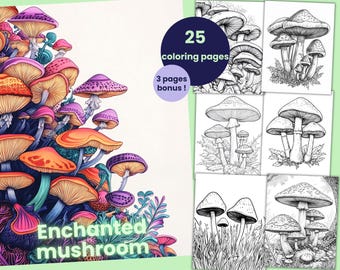 25 pages de coloriage de champignons enchantés, livre de coloriage de plantes pour adultes et enfants, feuilles de coloriage